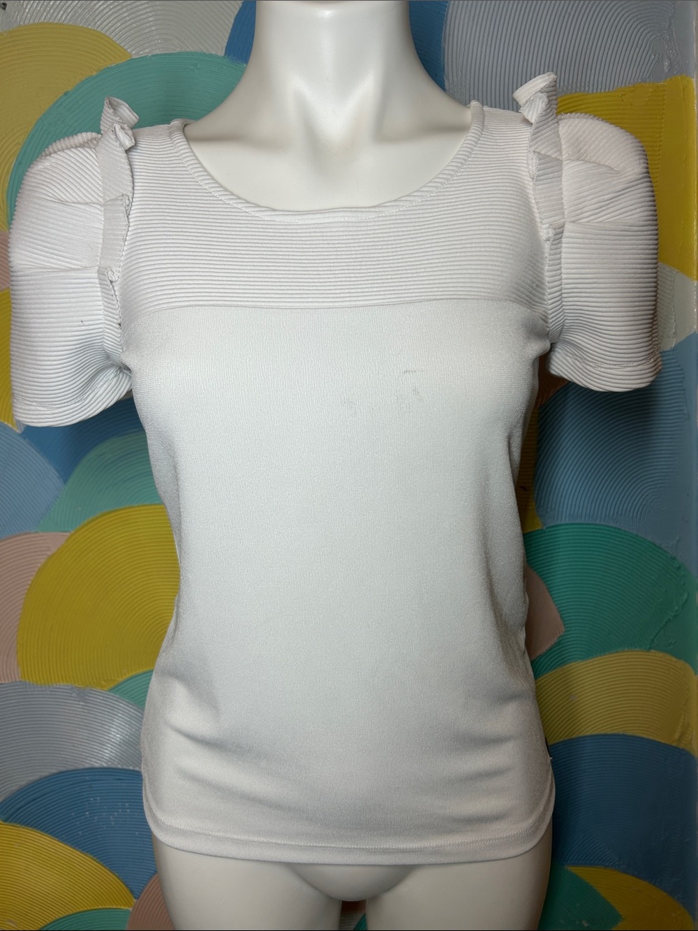 Armani Exchange Women's White Short-Sleeve Ruffle Shoulder Knit Top sz S